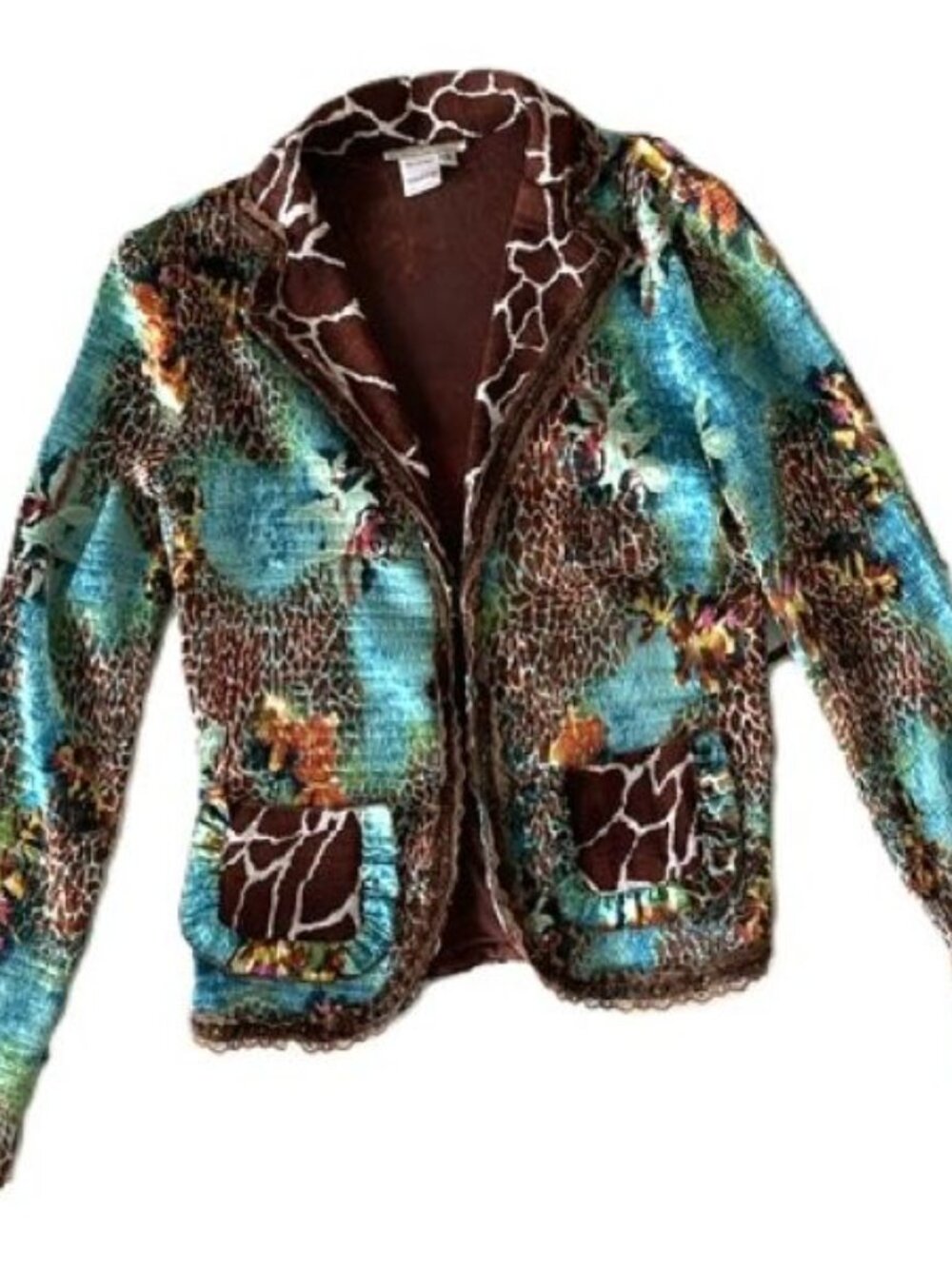 Albert Makali Brown Giraffe Print Turquoise Blazer Jacket Size S